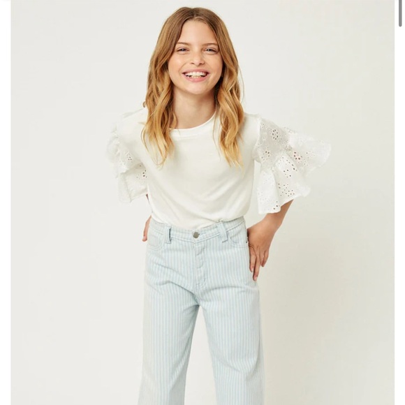 🆕HAYDEN Off White Boho Bohemian Puff Ruffle Lace Sleeve Blouse Short Sleeve Top - Picture 1 of 9